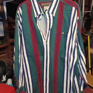 Casual Green and Red Button Down Shirt with Vertical Stripes